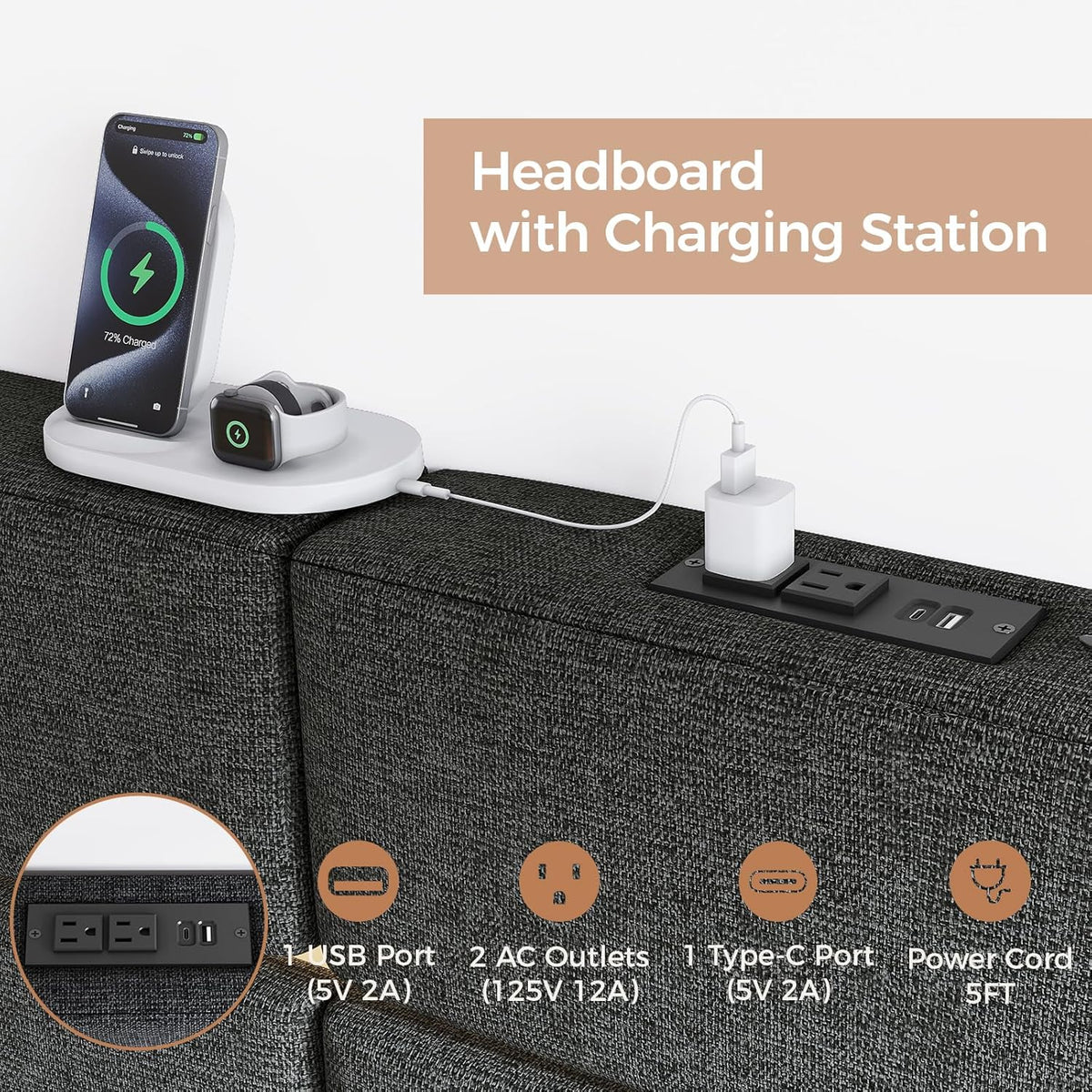 King/Cal King Size Headboard with Charging Station & Lights, Dark Grey