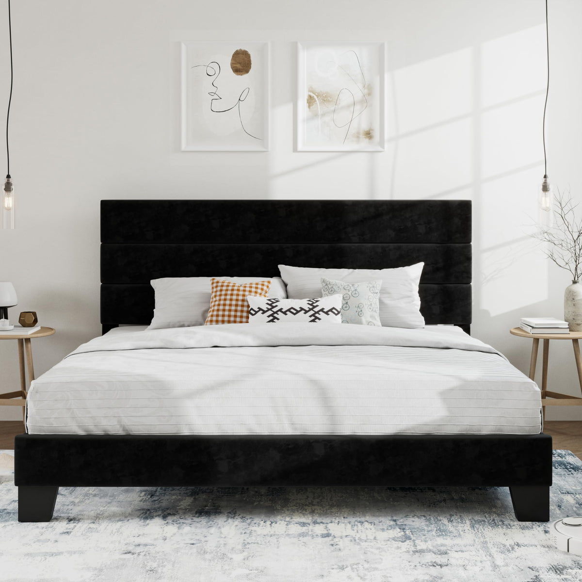 SHA CERLIN Queen Platform Bed Frame with Upholstered Fabric Headboard,Beige