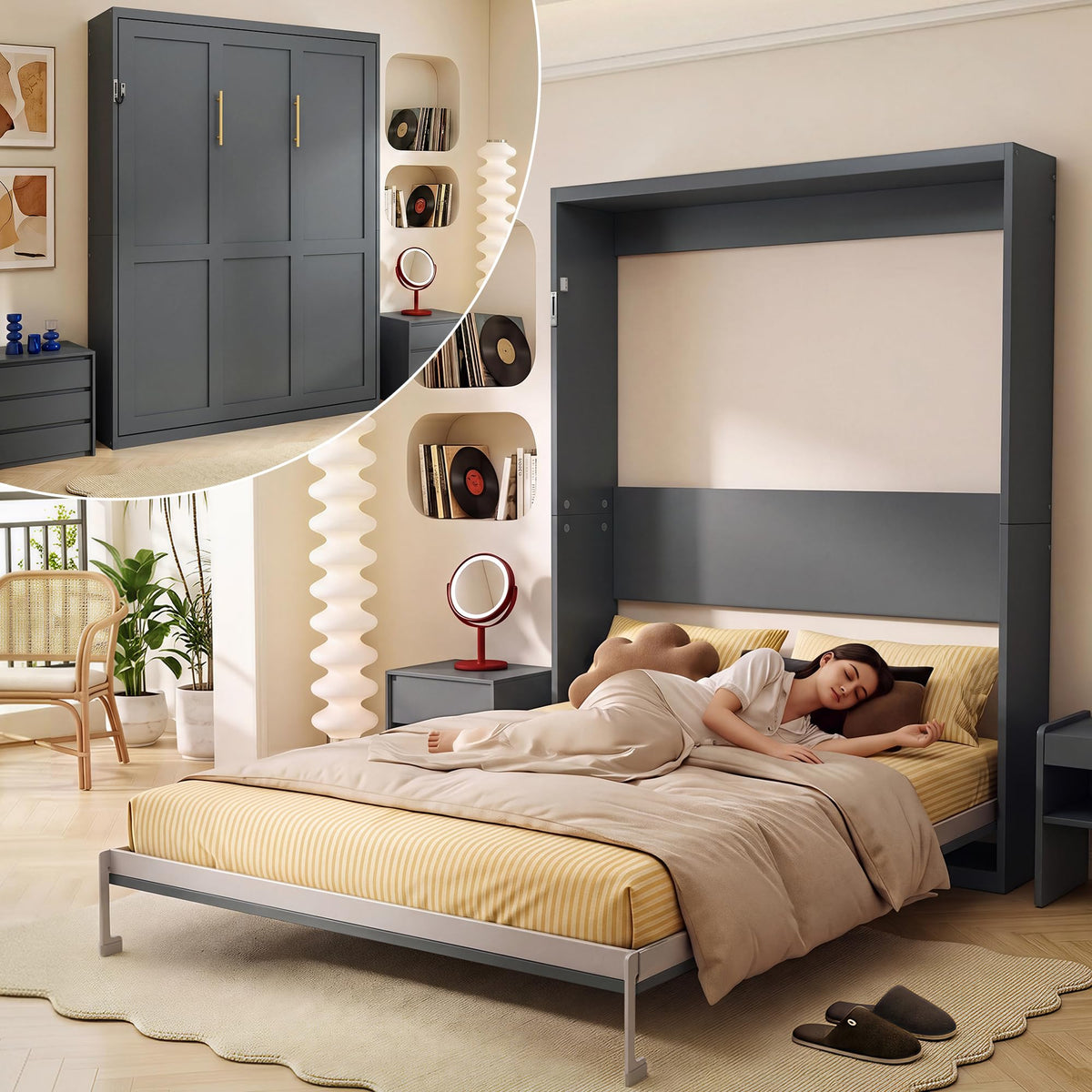 Olela Murphy Bed Queen with Desk & Bookcase, 4-Hydraulic Lift System,White