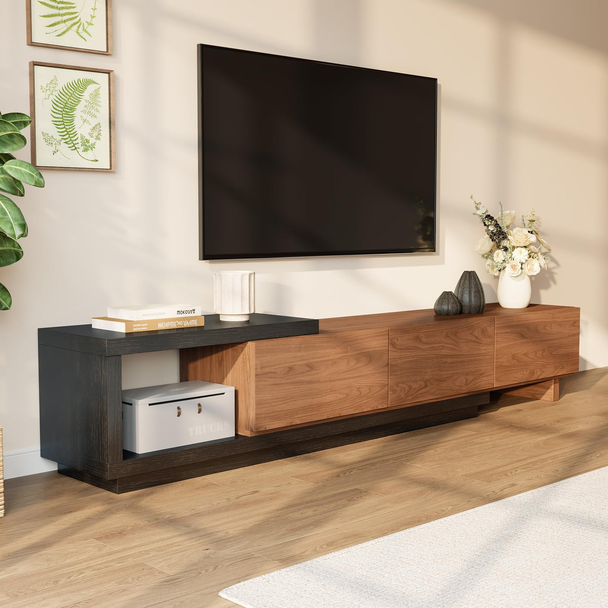 Extendable TV Stand for 65-100 Inches TVs – Walnut Entertainment Console with 3 Drawers & 1 Storage Compartment, Adjustable Length 68.5''-98.4'' (Walnut, 68.5''-98.4'')