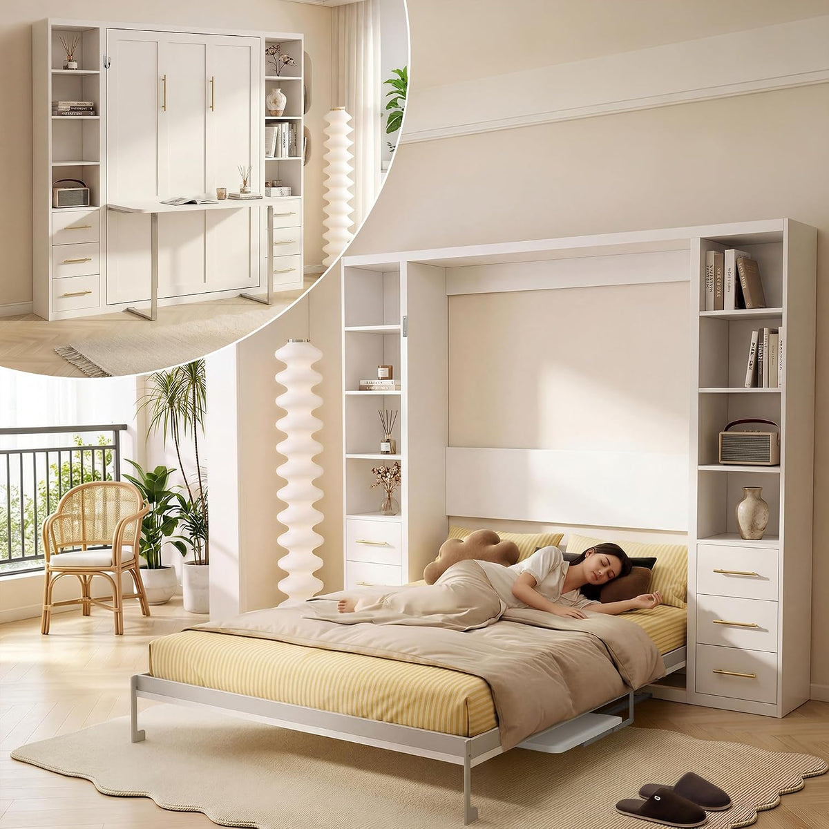 Olela Murphy Bed Queen with Desk & Bookcase, 4-Hydraulic Lift System,White