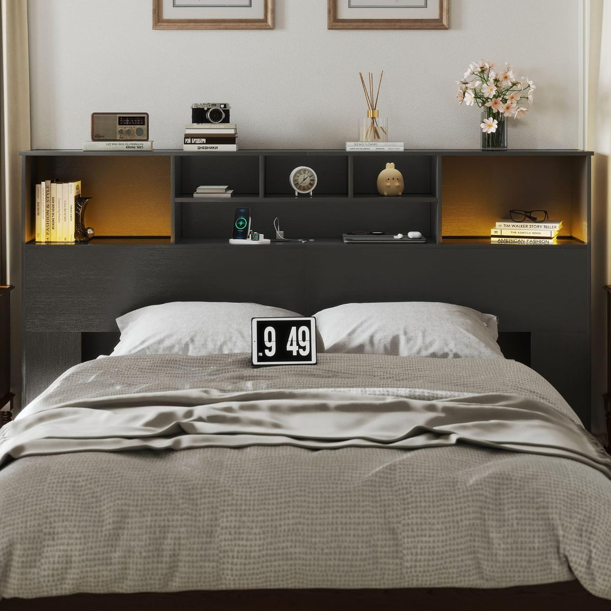 Apicizon 81" King Size Headboard Only, Black Storage Headboard with USB for King Size Bedroom, Wood Head Board with 2 LED Lights, Black Bookshelf