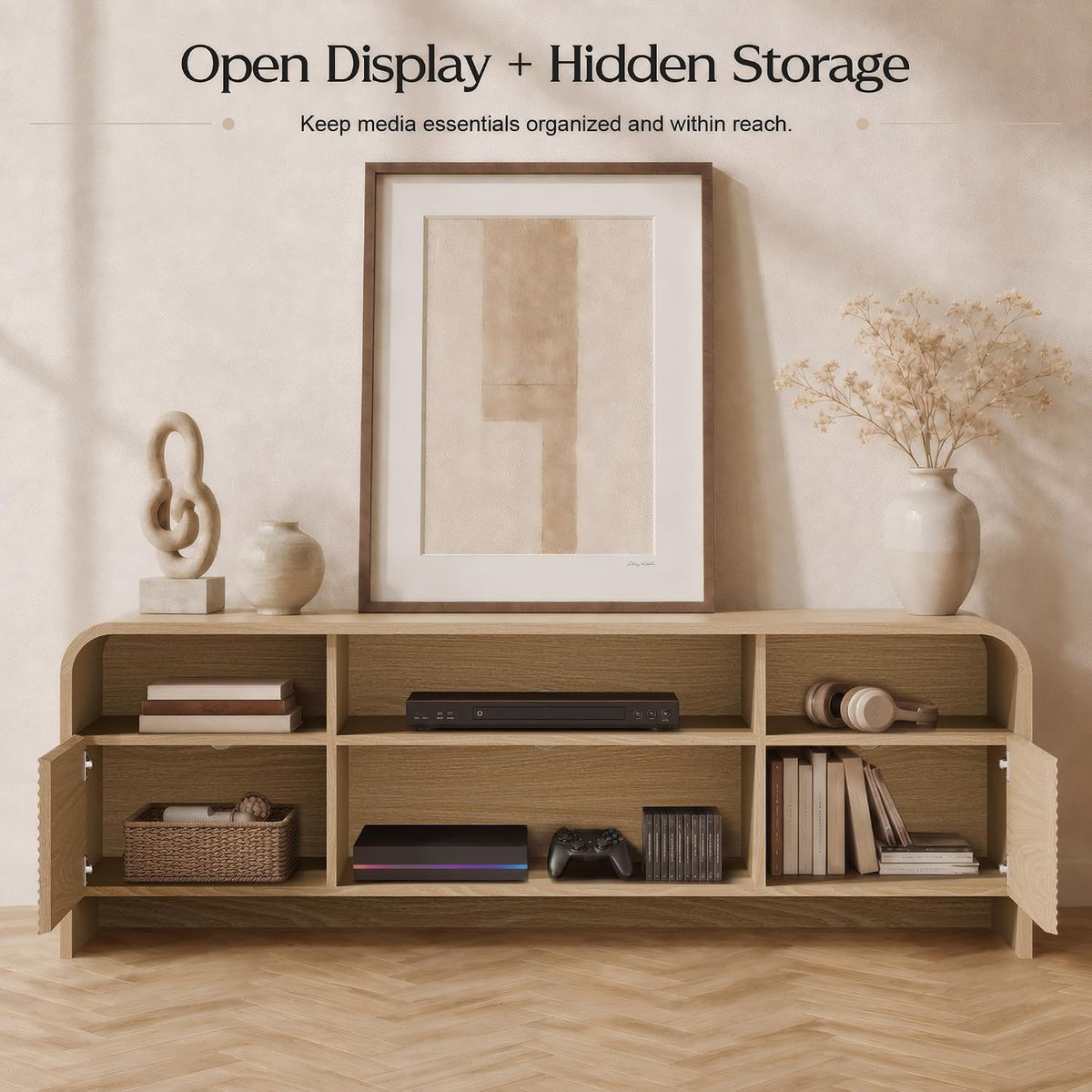 59" Fluted TV Stand, Modern Media Console for TVs up to 65", Natural Oak