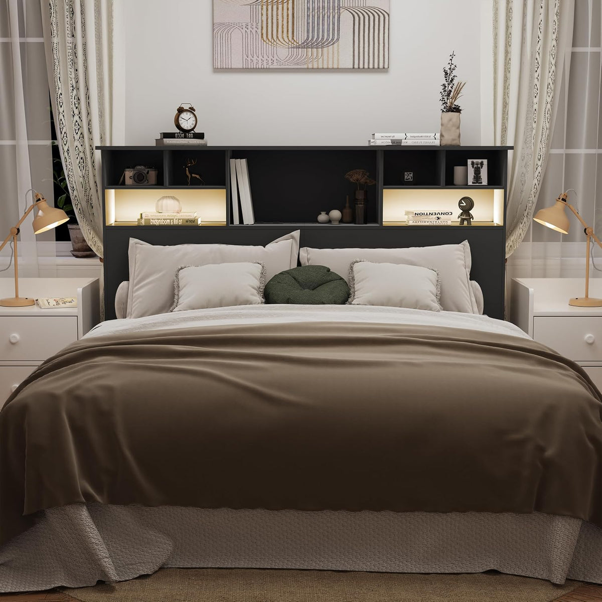 Queen Headboard Only for Bedroom, Bookcase Head Board, Black