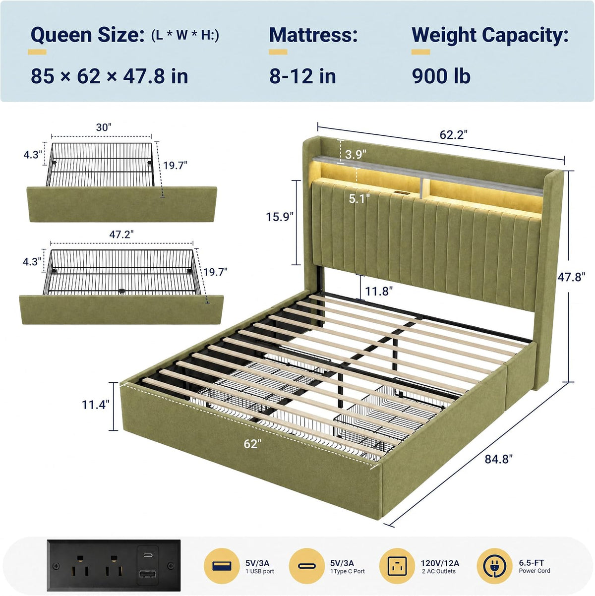 SHA CERLIN Queen Upholstered Platform Bed Frame with 3 Spacious Storage Drawers, Built-in LED Lights & Charging Station, Vertical Tufted Headboard with Shelf, No Box Spring Needed, Velvet Green