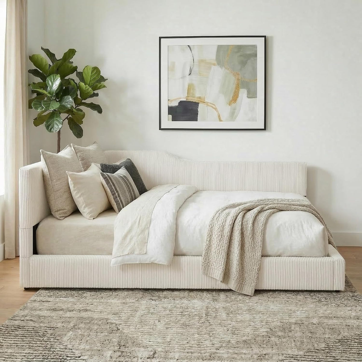 Merax Full Size Corduroy Upholstered Daybed with Headboard, Beige