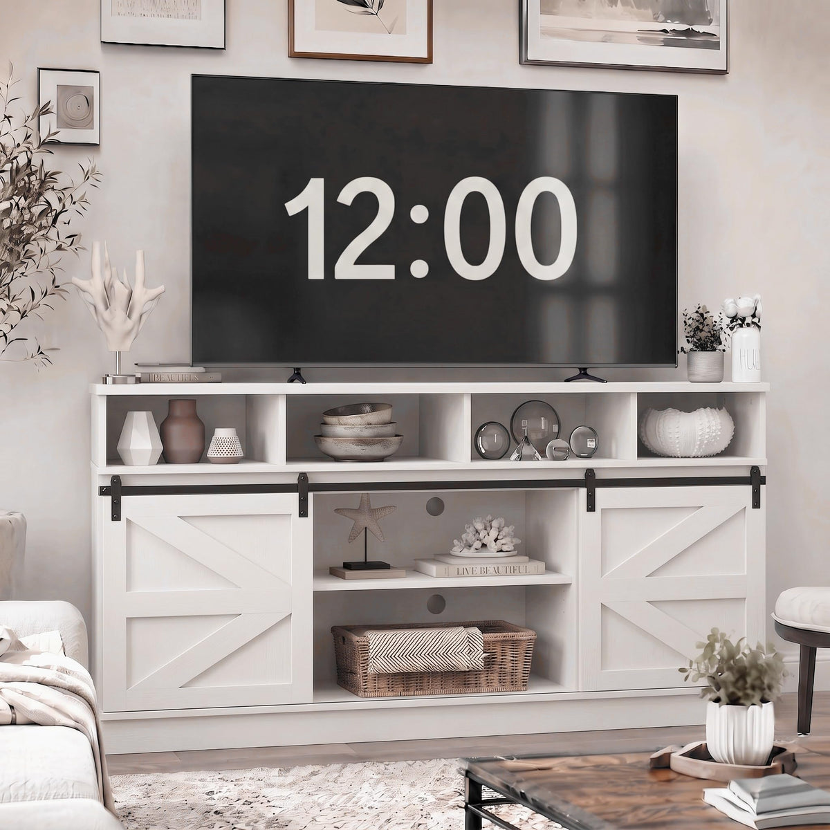 58" Farmhouse TV Stand with Sliding Barn Doors for TVs up to 65 Inch, Entertainment Center with Adjustable Shelves, Wood Media Console Storage Cabinet for Living Room Bedroom, White