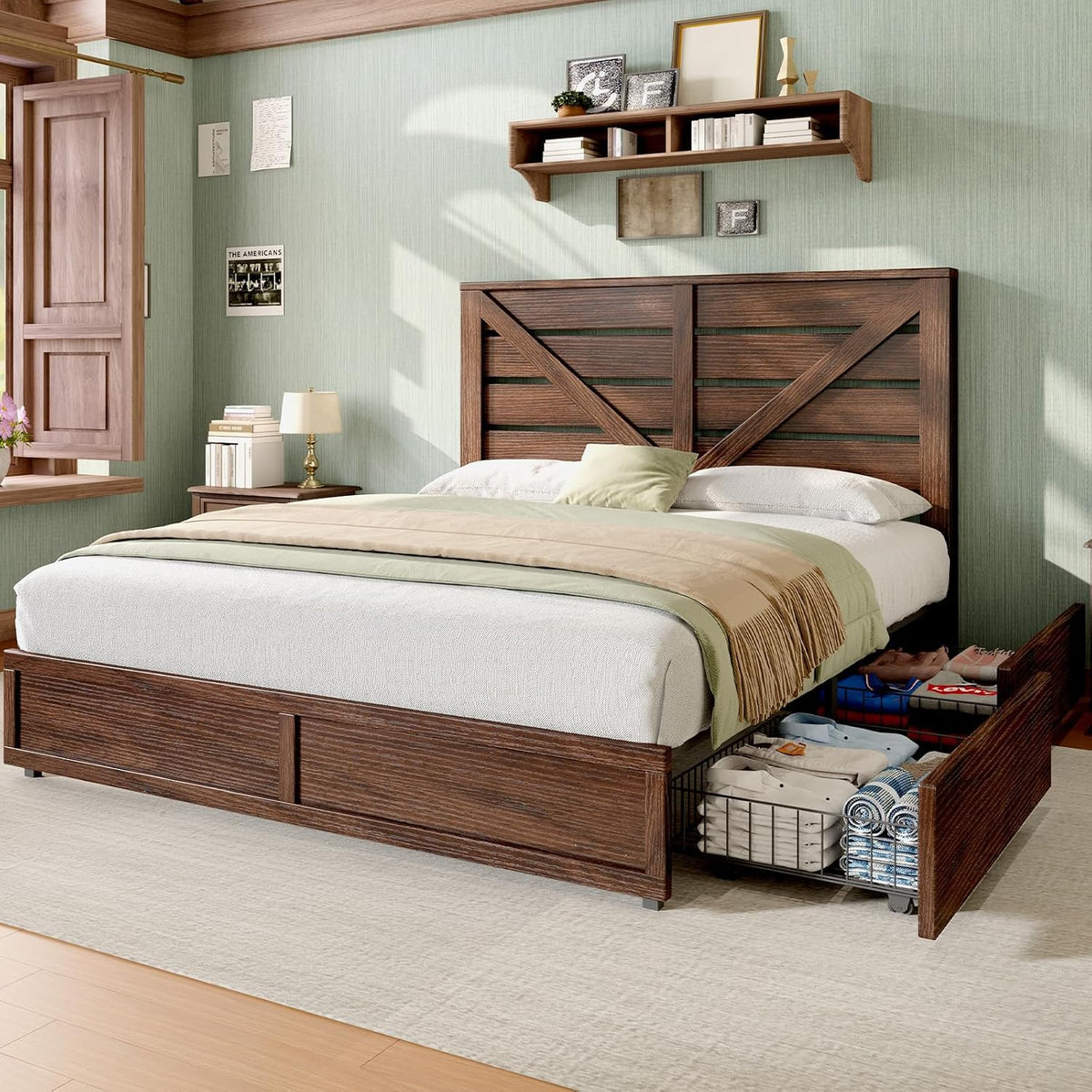 AMERLIFE Queen Size Farmhouse Bed Frame with 4 Storage Drawers