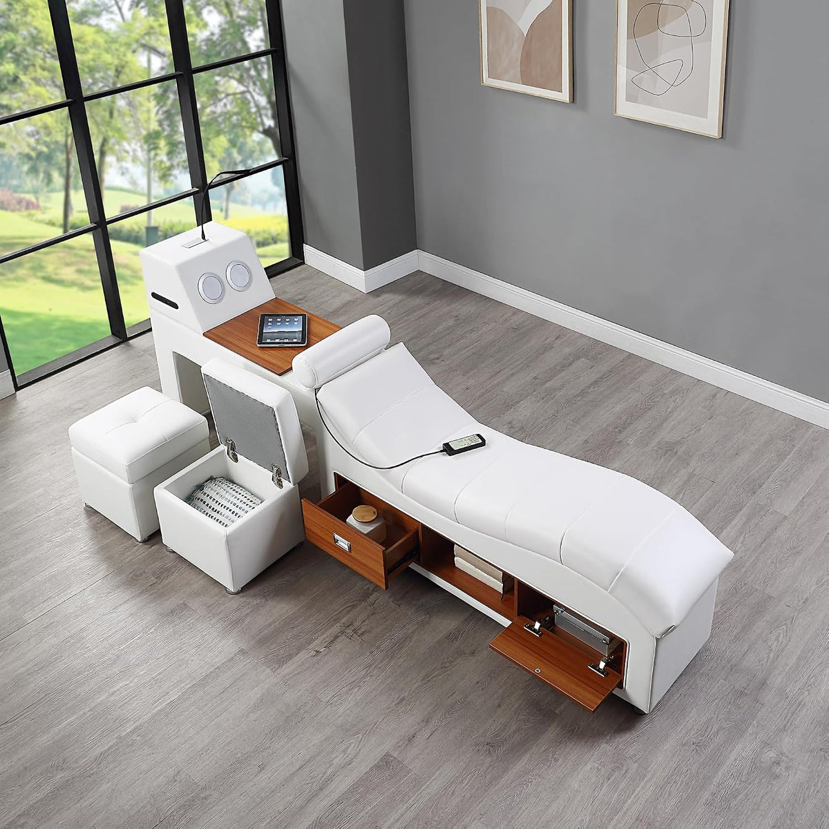 Multifunction Smart King Bed Frame, Luxury Upholstered Platform with Massage Recliner/Speaker/USB Port/Storage Drawers, Adjustable Leather Headboard, White