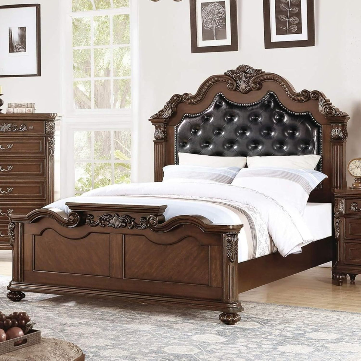 Traditional King Bed Frame Solid Wood Ornate Carved Headboard Footboard Scalloped Crown Bun Feet Slatted Support System Foundation Required Classic Bedroom Statement Piece Antique (Cherry A -1)