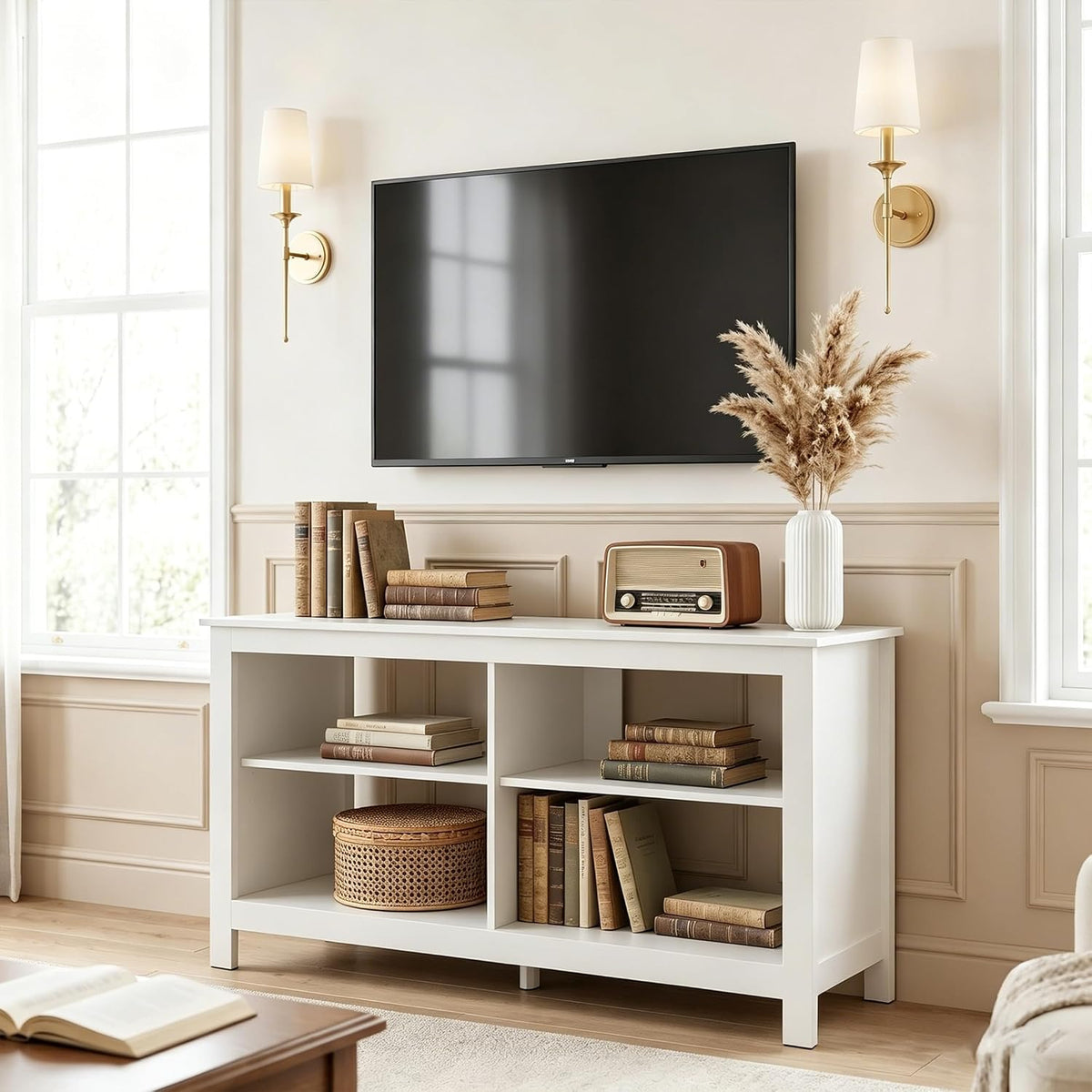 43 inch TV Stand, Suitable for TVs up to 50 inches, Small TV Stands with Open Storage Shelves, Living Room Entertainment Centers, and Bedroom TV Consoles (White)