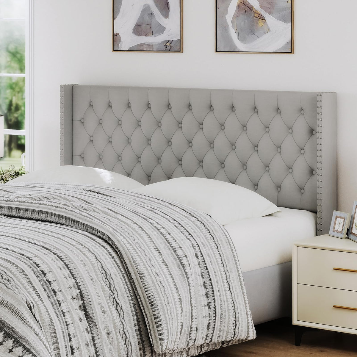 Furpopup Linen King Size Headboard Only, Wingback Wall Mount, Ivory
