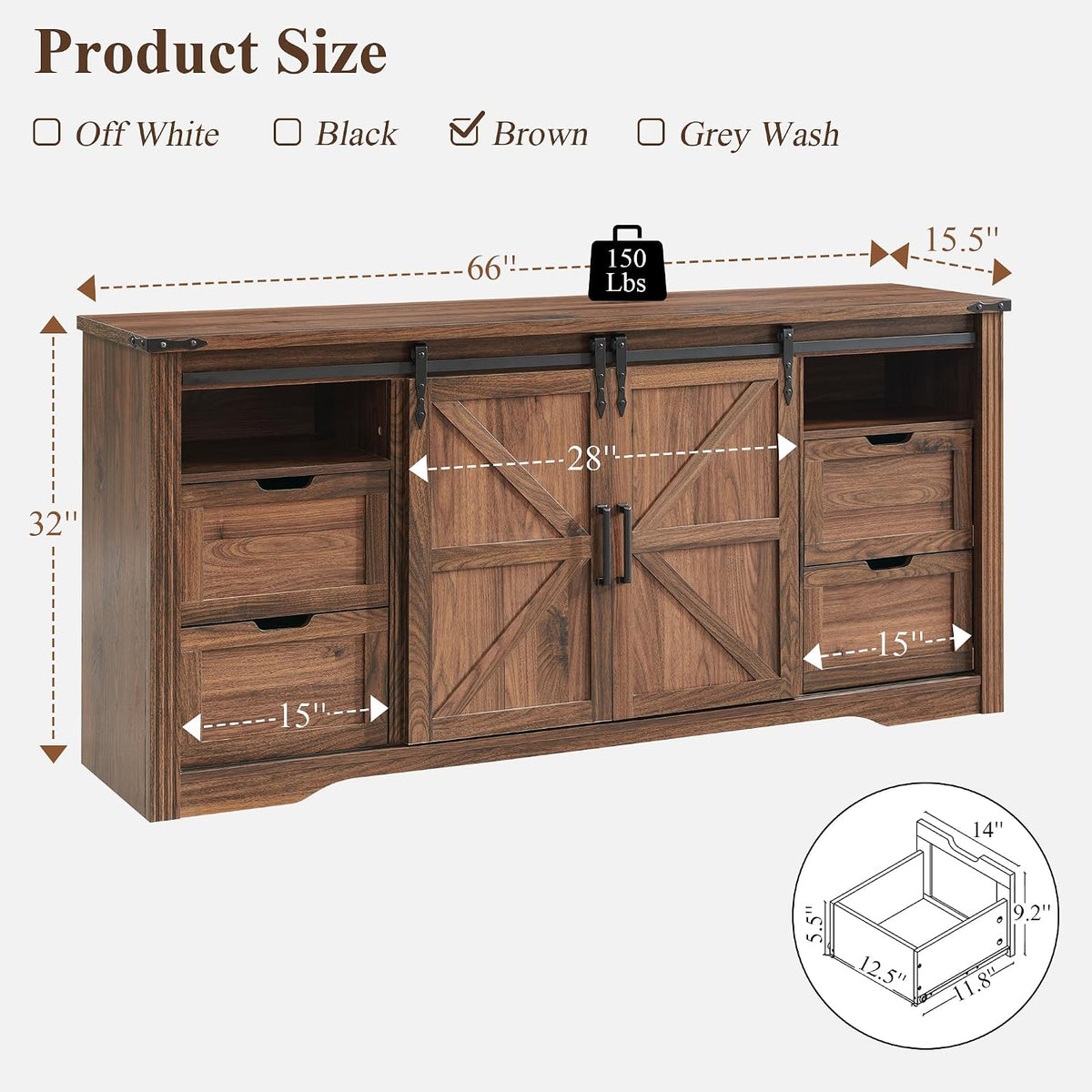 Farmhouse 66"TV Stand for 75+ Inch TV, With 4 Drawers & Sliding Barn Door