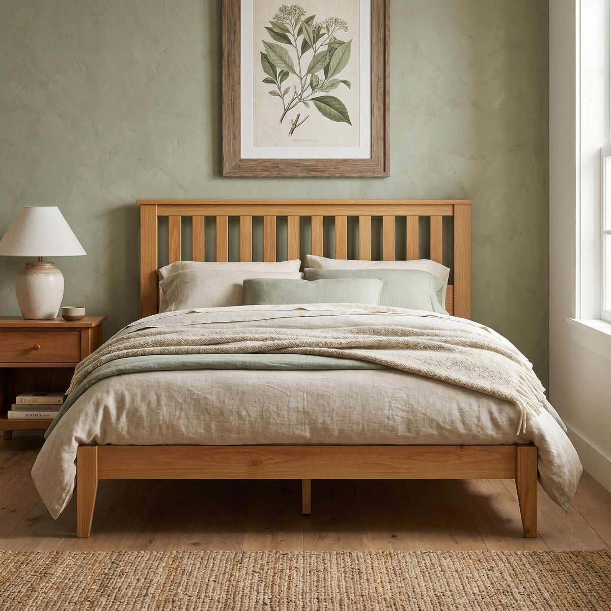 ComfIQ Wood Platform Bed – Pine, Queen, Bed & Mission-Style Headboard