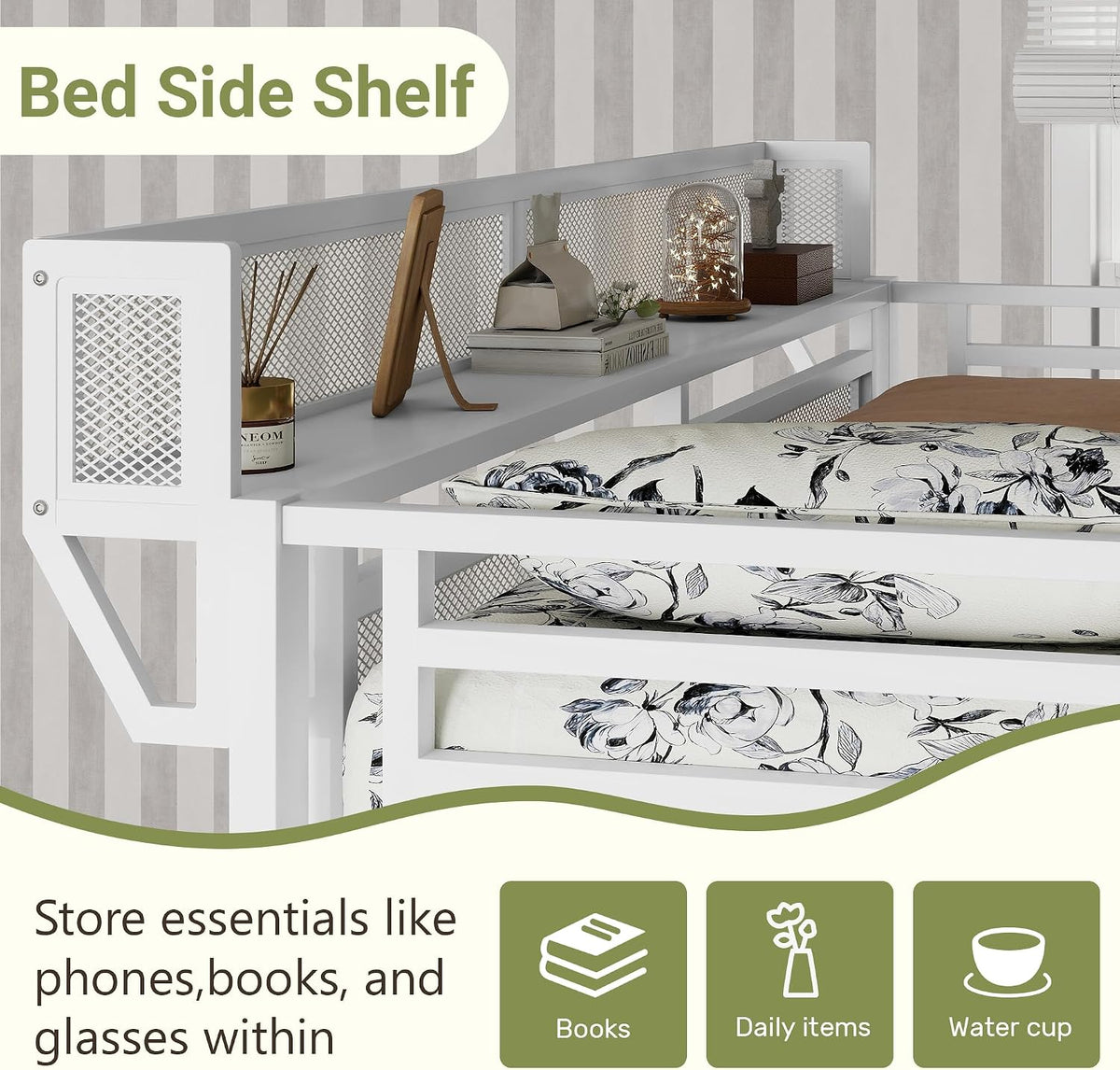 Mirightone Queen Size Loft Bed with Stairs and Storage, Metal Loft Bed Frame with Bedside Shelf and Large Under-Bed Space, Heavy-Duty Loft Beds for Adults Teens and Kids, Convertible Staircase, White