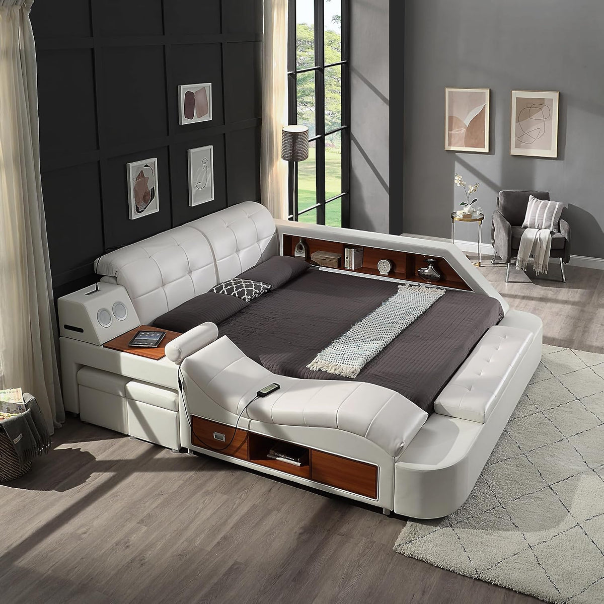 Multifunction Smart King Bed Frame, Luxury Upholstered Platform with Massage Recliner/Speaker/USB Port/Storage Drawers, Adjustable Leather Headboard, White