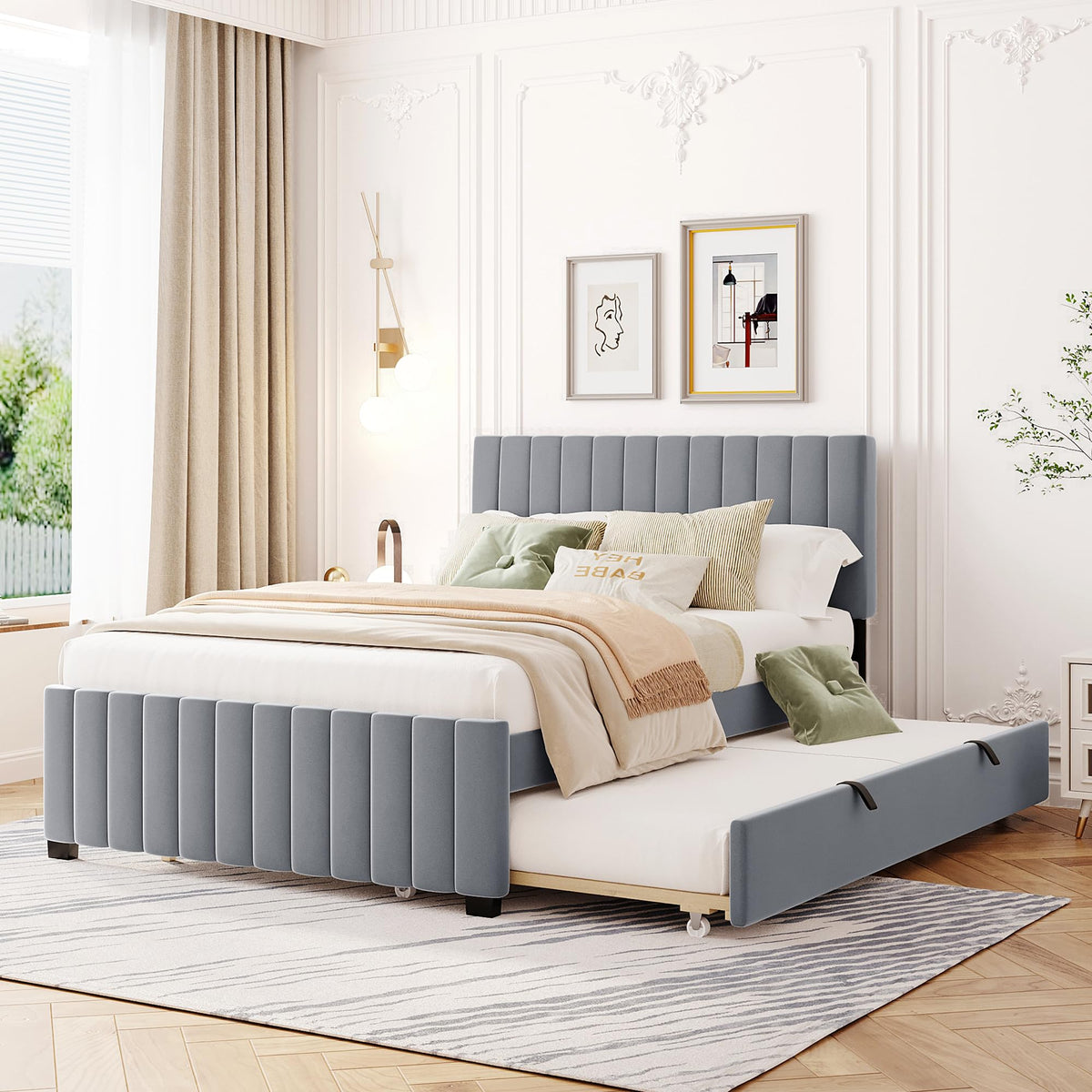 Merax Twin Size Velvet Upholstered Platform Bed, Wood Bed Frame with Twin Size Trundle, Beige