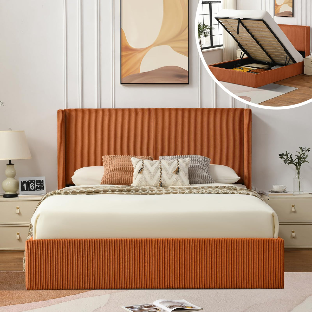 VELOCAVA California King Lift-Up Bed, Wingback Headboard, Corduroy Coffee