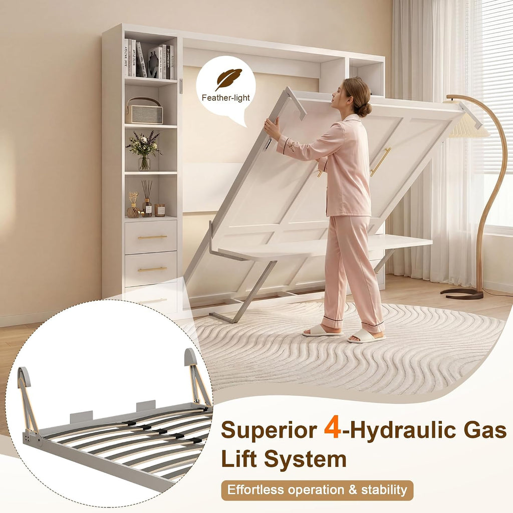 Olela Murphy Bed Queen with Desk & Bookcase, 4-Hydraulic Lift System,White
