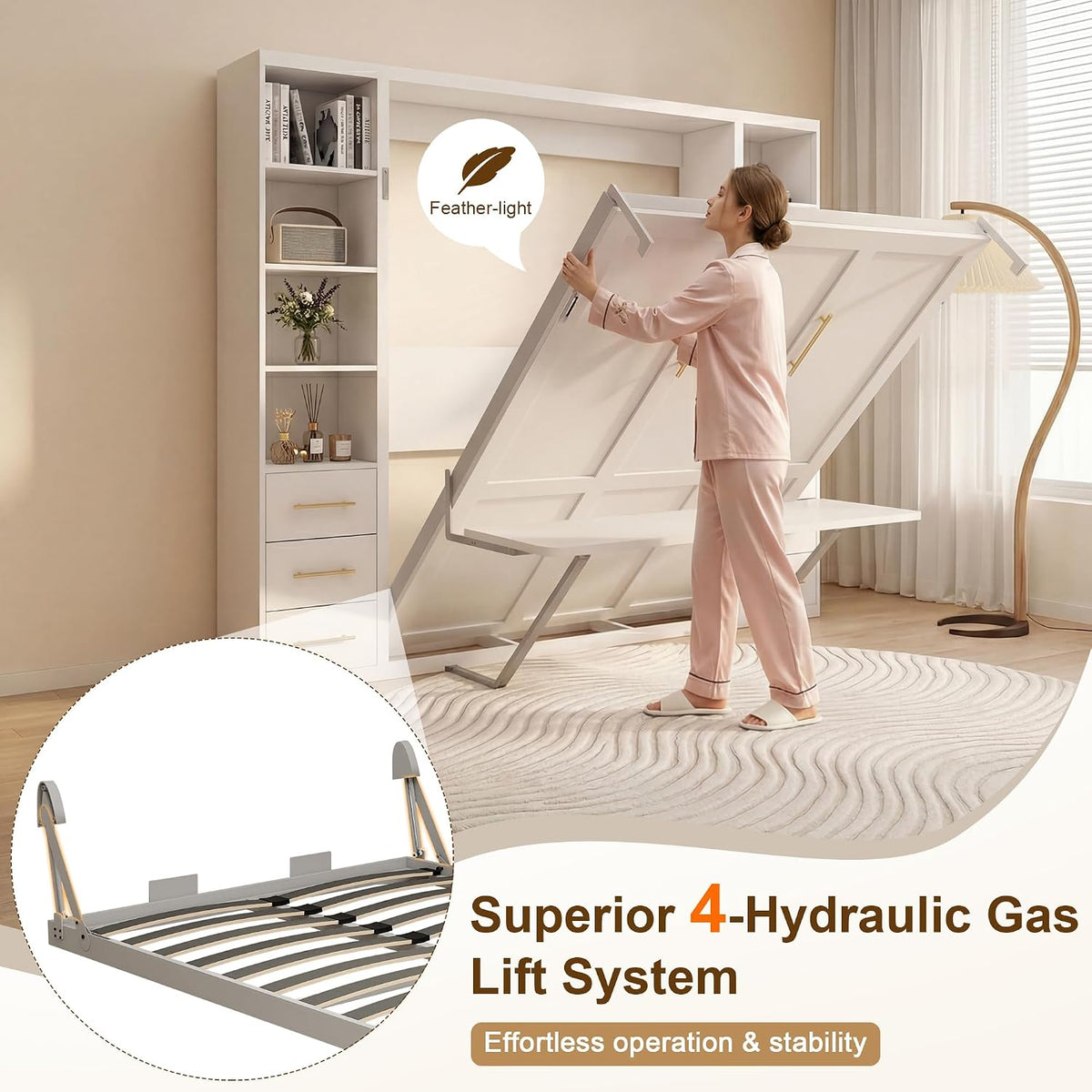 Olela Murphy Bed Queen with Desk & Bookcase, 4-Hydraulic Lift System,White