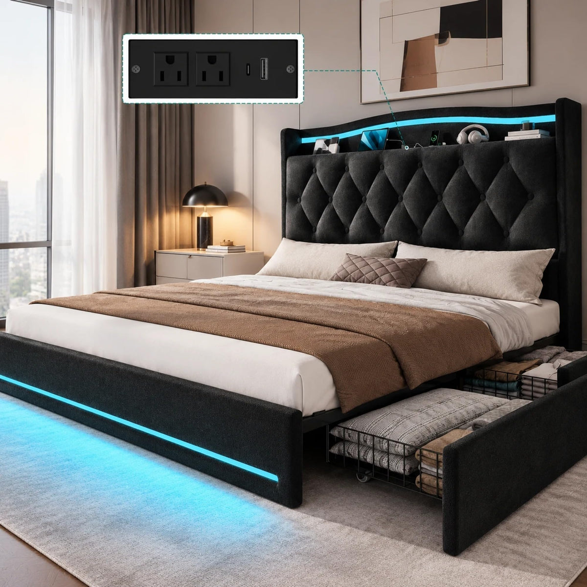 YITAHOME King Size Bed Frame with 3 Storage Drawers and RGB LED Lights