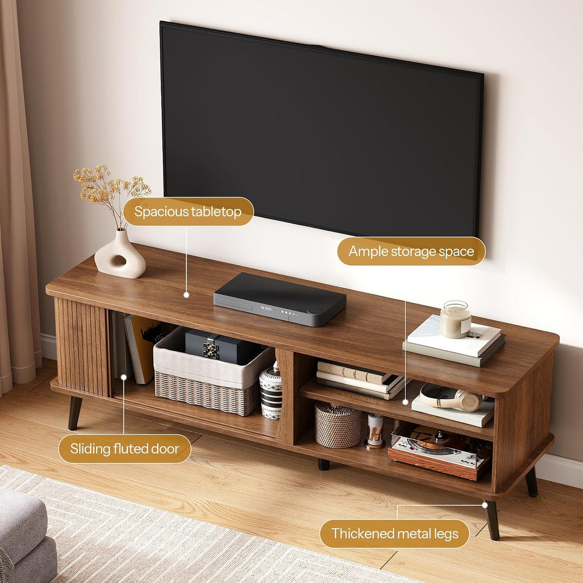 HOOBRO Mid Century Modern TV Stand, TV Console for 65 Inch TV with Storage