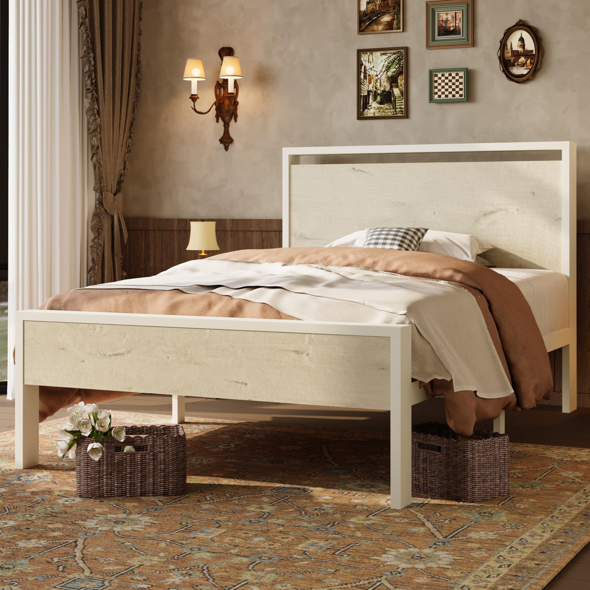 SHA CERLIN 14 Inch Queen Metal Platform Bed Frame with Wooden Headboard and Footboard, No Box Spring Needed, Large Under Bed Storage, Heavy Duty Slats Support, White Washed Oak
