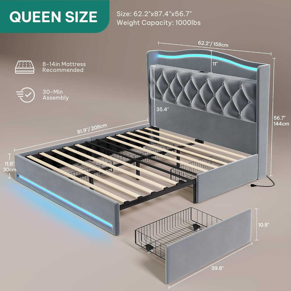 YITAHOME Queen Bed Frame with Charging Station & RGB LED Lights