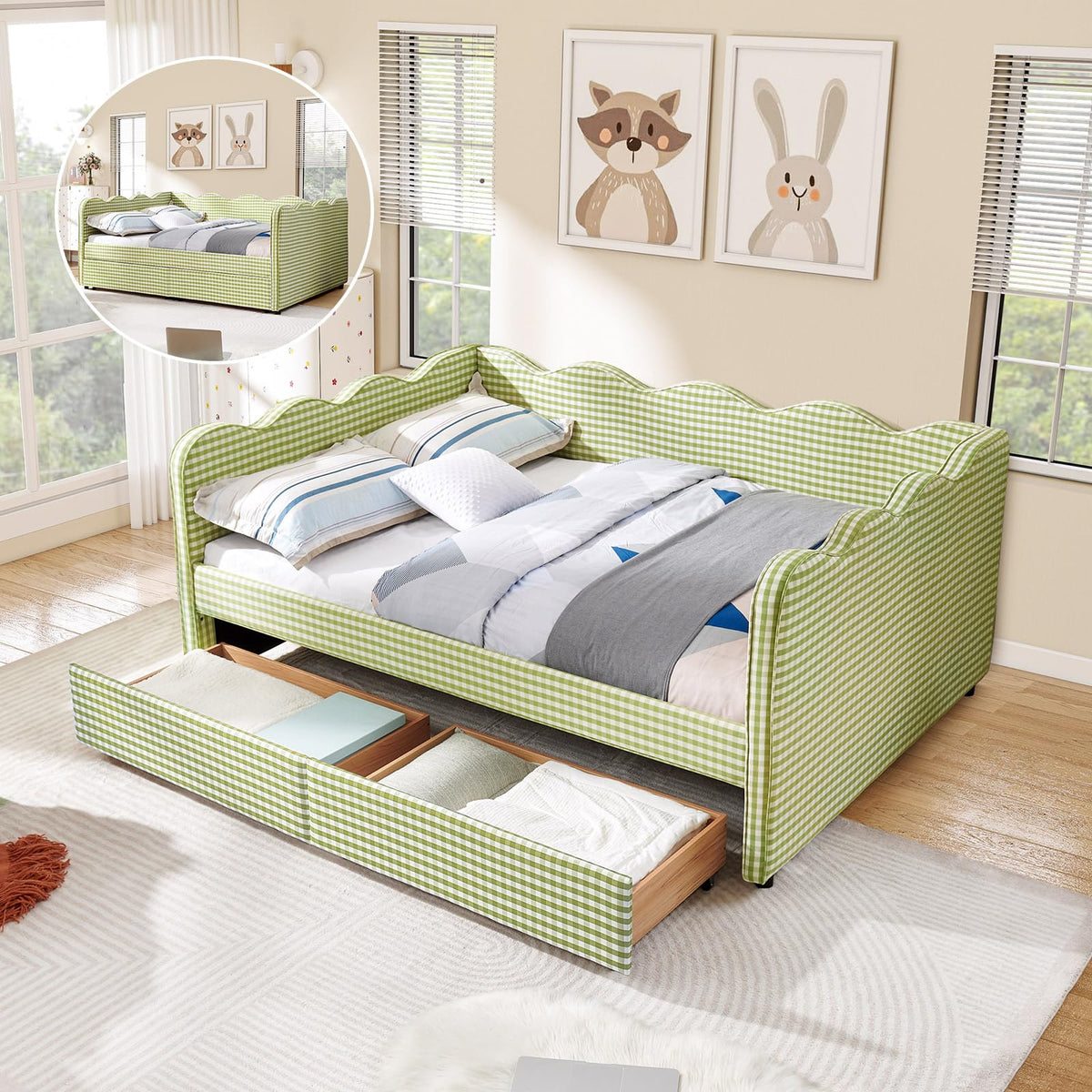 Twin Size Daybed with Pop Up Trundle, Linen Gingham Twin to King Daybed with USB Ports, Upholstered Day Bed Frame, Modern Sofa Bed for Living Room/Bedroom/Guest Room, No Box Spring Needed, Pink