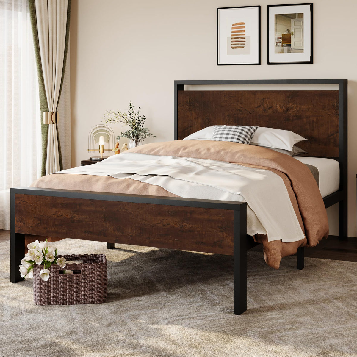 SHA CERLIN 14 Inch King Size Metal Platform Bed Frame with Wooden Headboard and Footboard, Mattress Foundation, No Box Spring Needed, Large Under Bed Storage, Mahogany