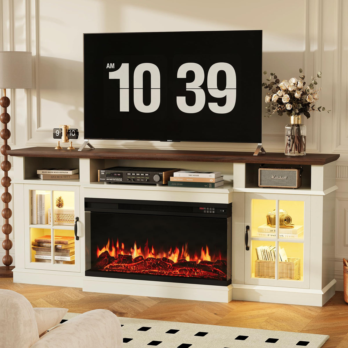 98" Farmhouse TV Stand with Fireplace, White & Black