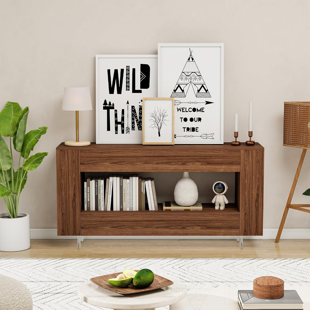 65" TV Stand with 2 Drawers & Hidden Cabinets, Brown Wood Grain Finish