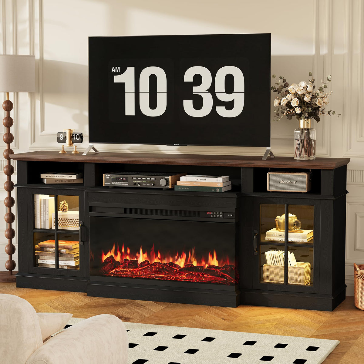 98" Farmhouse TV Stand with Fireplace, White & Black