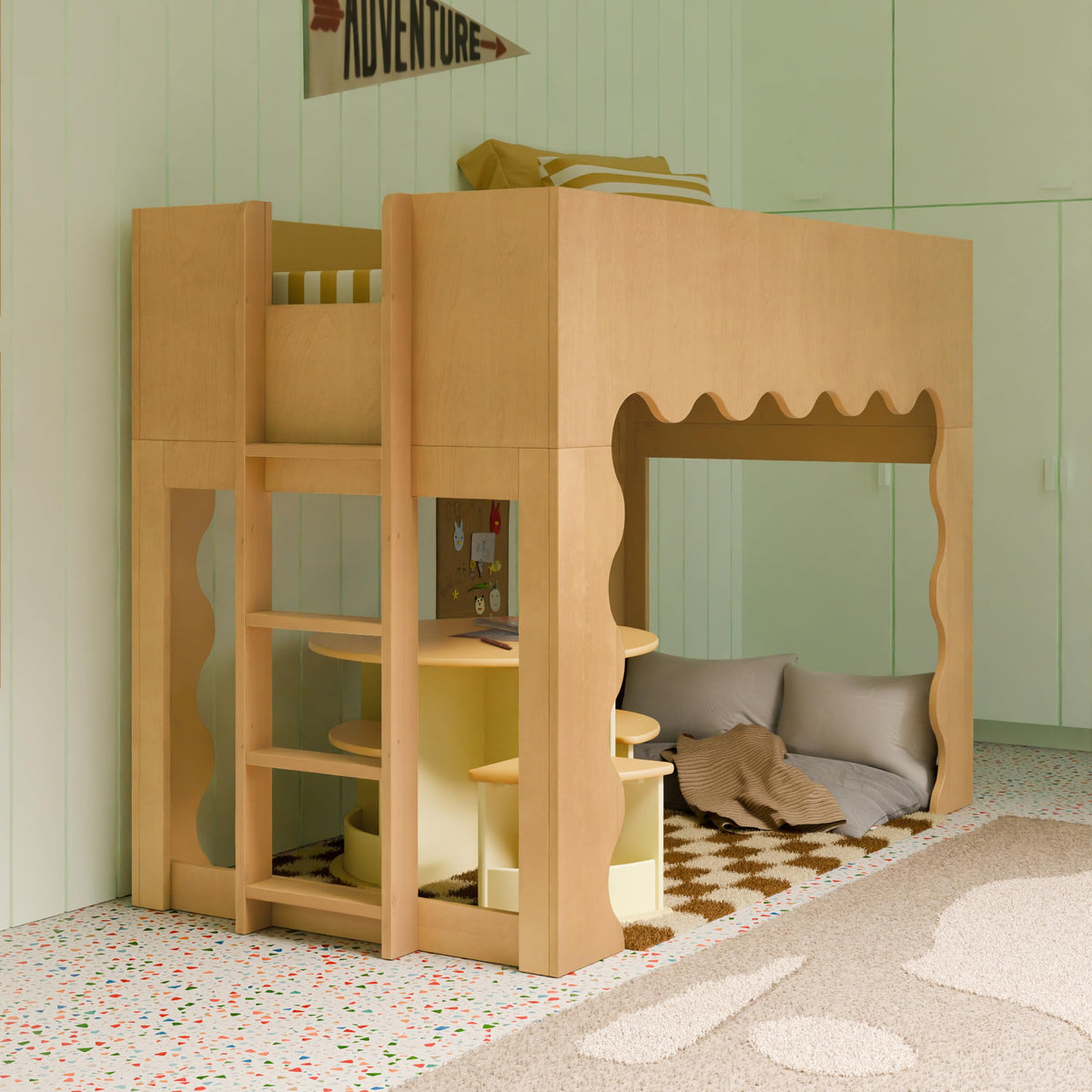 babyletto Kids Lido Wave Convertible Low Loft Twin Bed in Honey