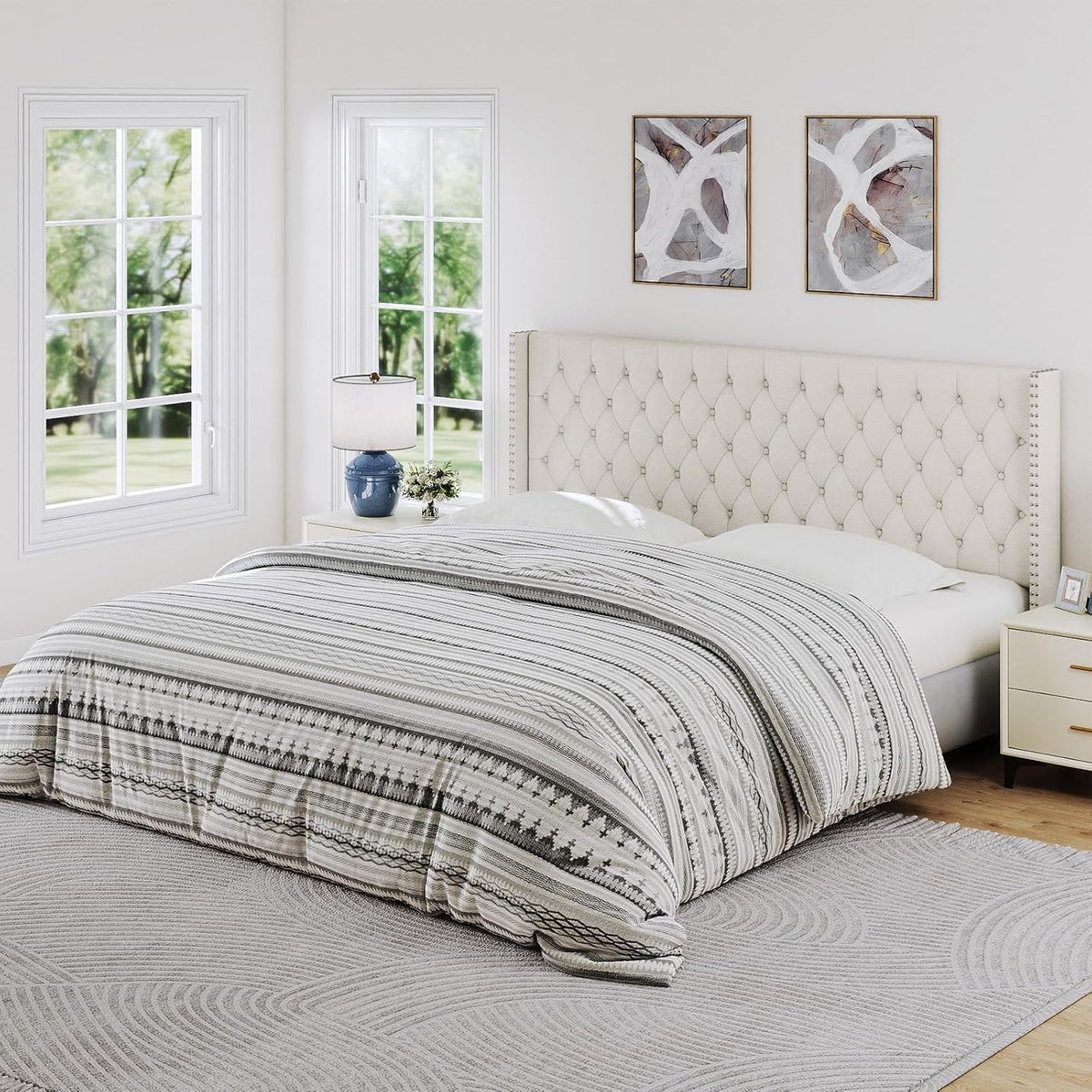 Furpopup Linen King Size Headboard Only, Wingback Wall Mount, Ivory