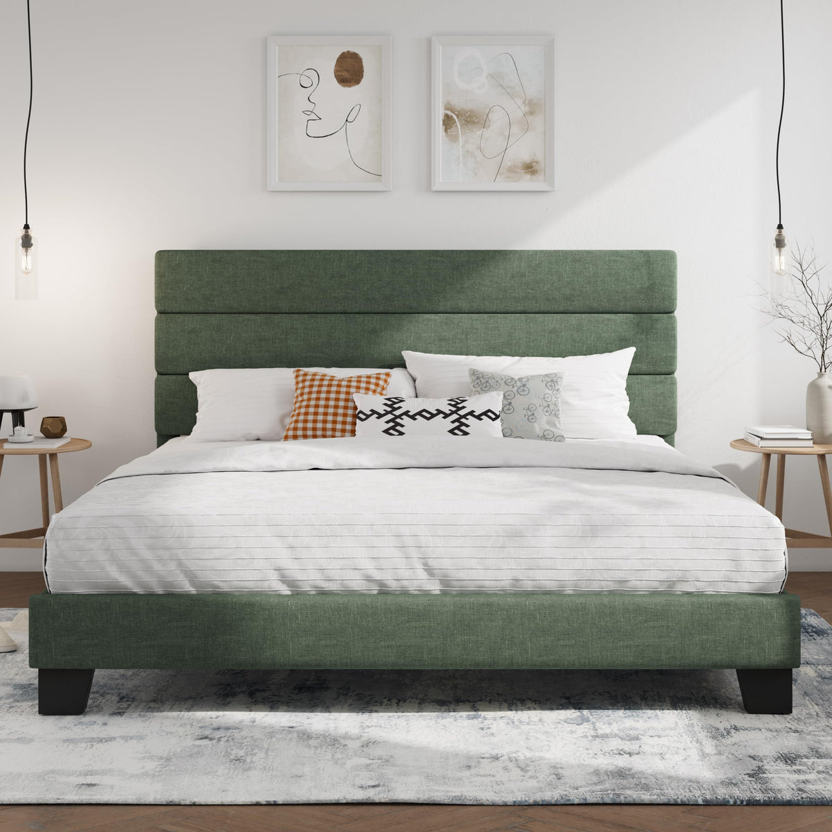 SHA CERLIN Queen Platform Bed Frame with Upholstered Fabric Headboard,Beige