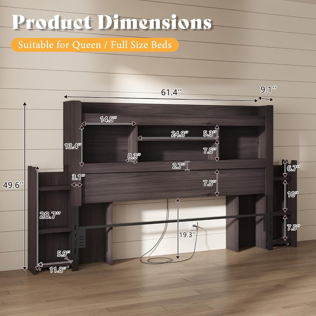 AMERLIFE Queen/Full Size Wood Headboard Only with Storage, Black Oak