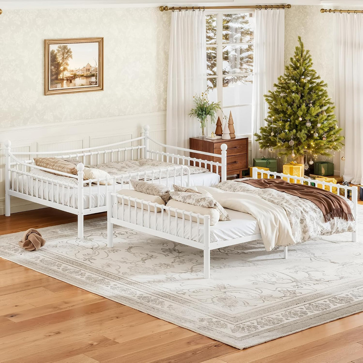 Bellemave Full Over Full Bunk Beds, Metal Bunk Bed with Ladder and Guardrail for Kids, Adults, Can be Split, White