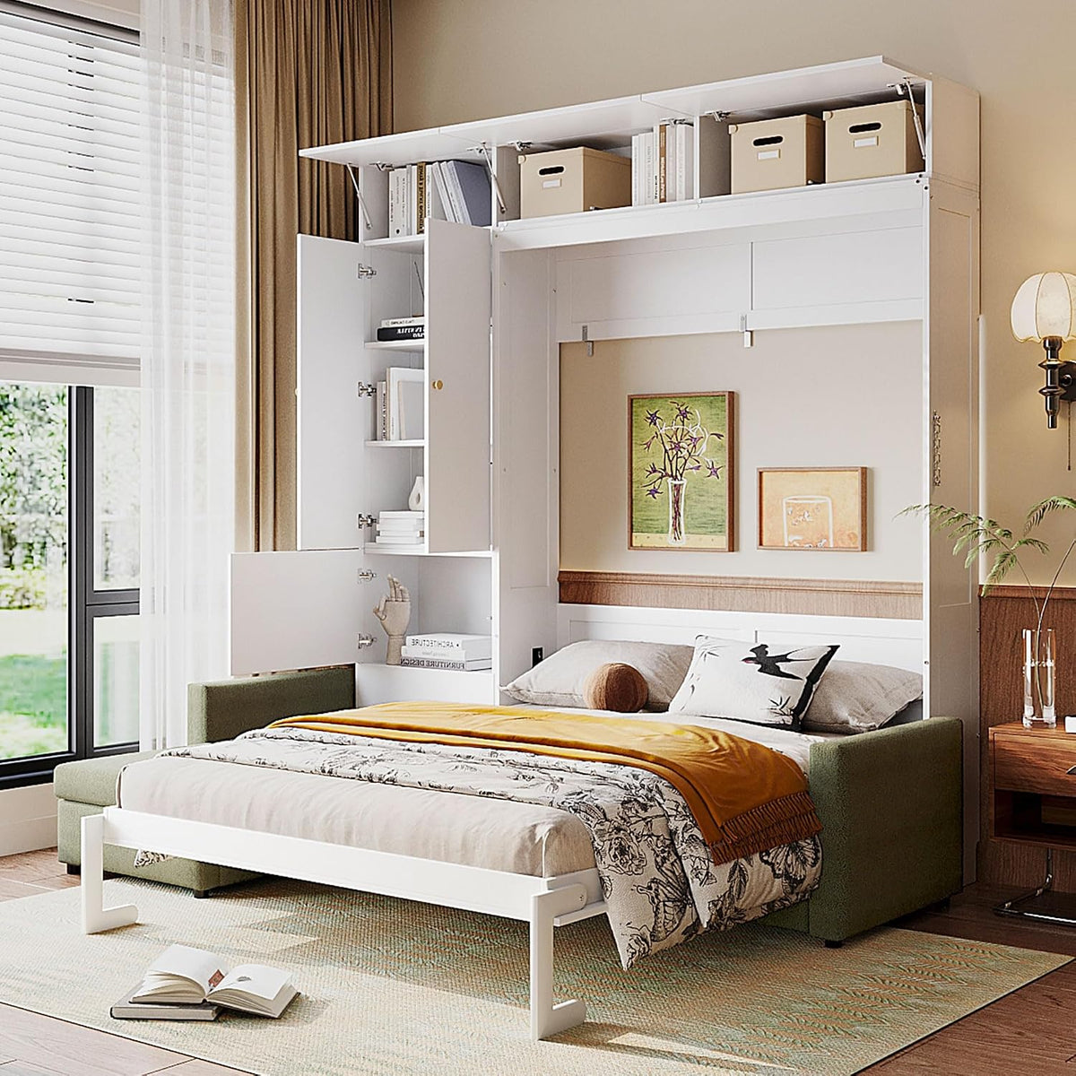 Ball & Cast Wall Bed Queen Size with Sofa and Shelves,Multi-Functional Hideaway Murphy Bed w/Teddy Fleece Couches & Dual-Piston Metal Folding System Cabinet,Lock,Space Saving for Bedroom,Green