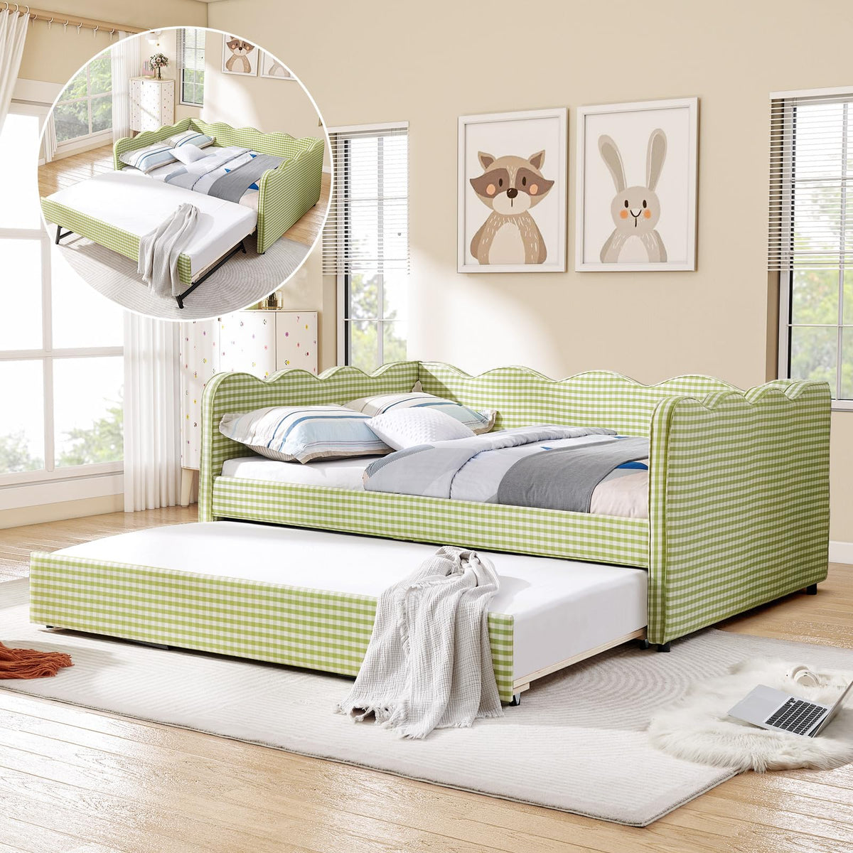 Twin Size Daybed with Pop Up Trundle, Linen Gingham Twin to King Daybed with USB Ports, Upholstered Day Bed Frame, Modern Sofa Bed for Living Room/Bedroom/Guest Room, No Box Spring Needed, Pink