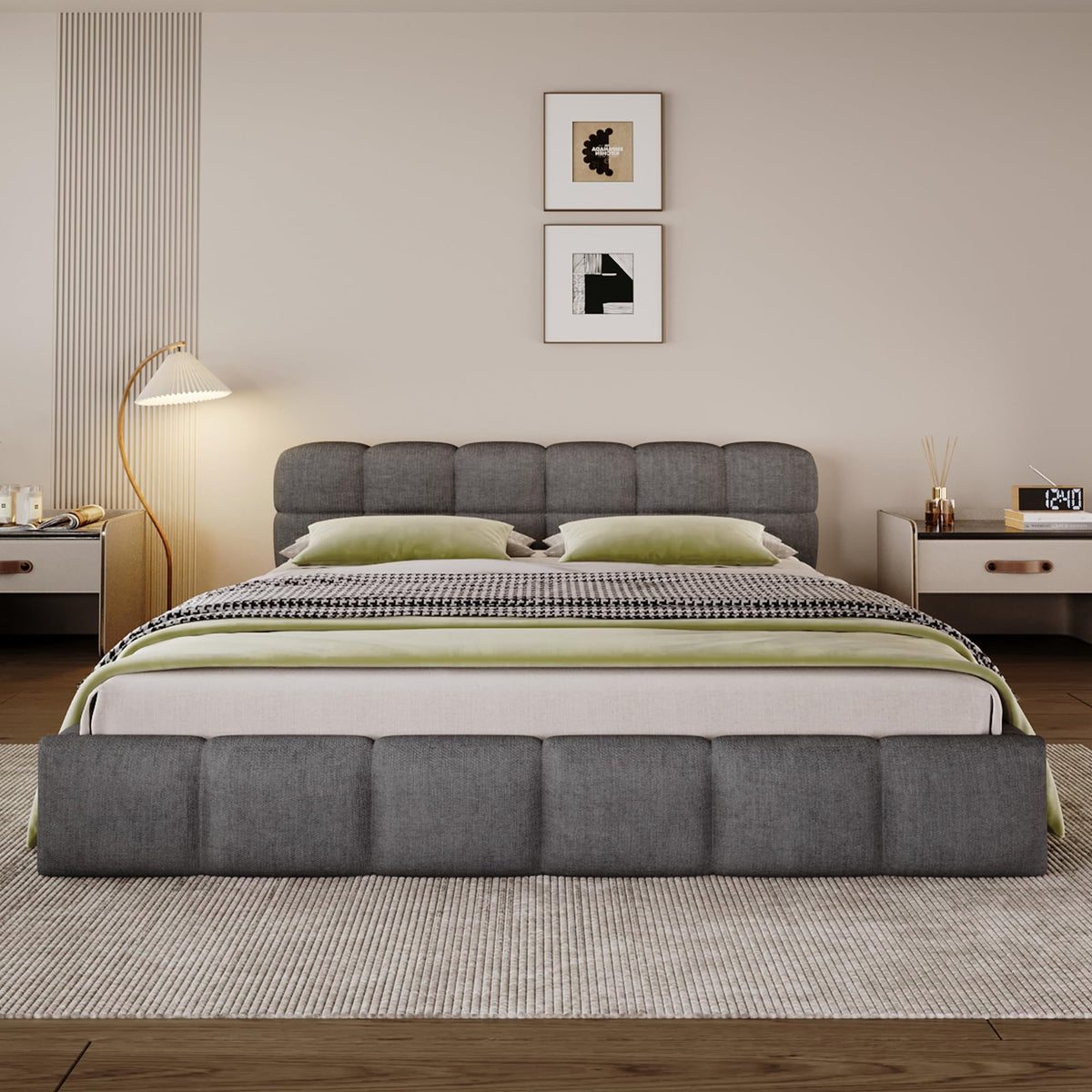 Merax King Size Elegant Chenille Upholstered Platform Bed with Thick Headboard and Footboard, Block Style Upholstery Grounded Bed Frame, Gray