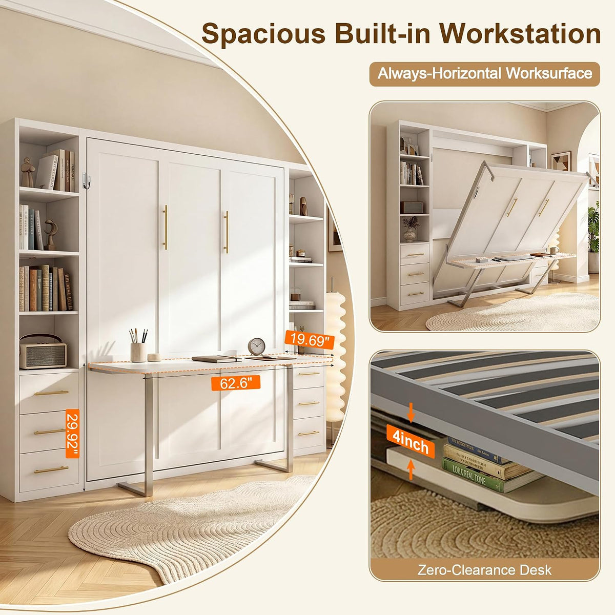 Olela Murphy Bed Queen with Desk & Bookcase, 4-Hydraulic Lift System,White