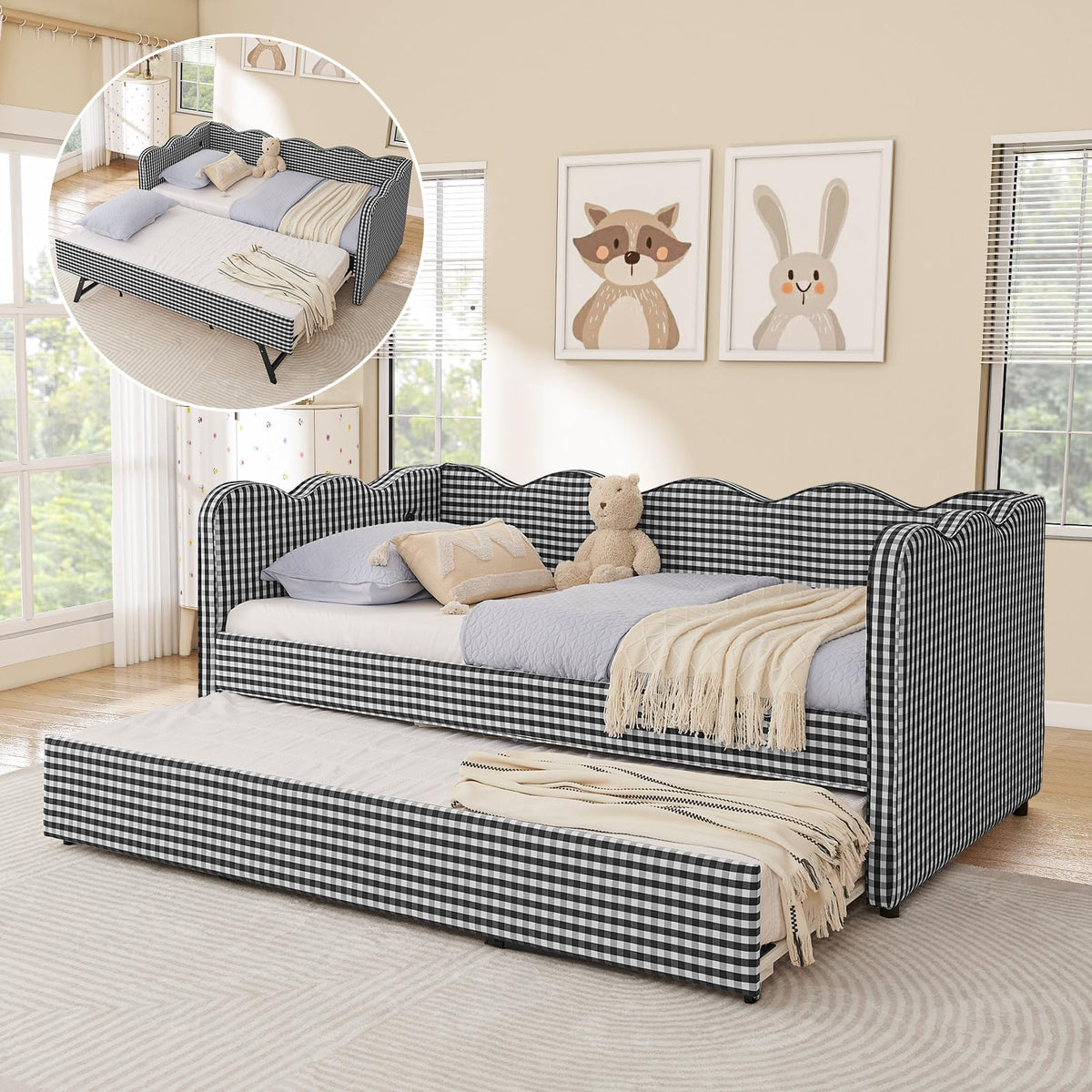 Twin Size Daybed with Pop Up Trundle, Linen Gingham Twin to King Daybed with USB Ports, Upholstered Day Bed Frame, Modern Sofa Bed for Living Room/Bedroom/Guest Room, No Box Spring Needed, Pink