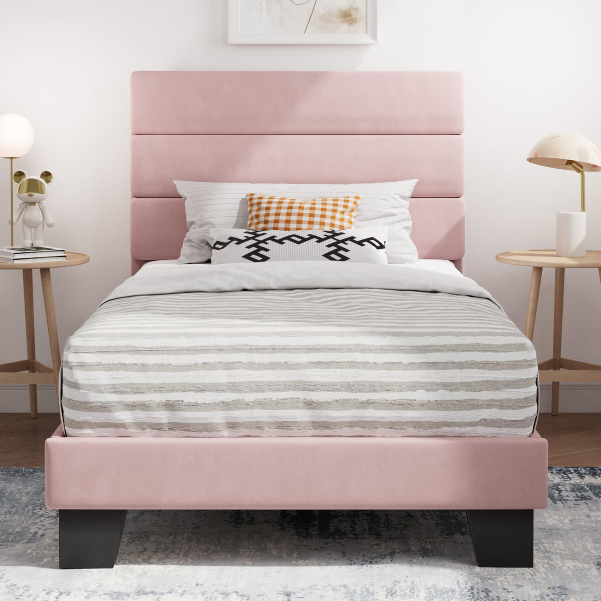 SHA CERLIN Queen Platform Bed Frame with Upholstered Fabric Headboard,Beige