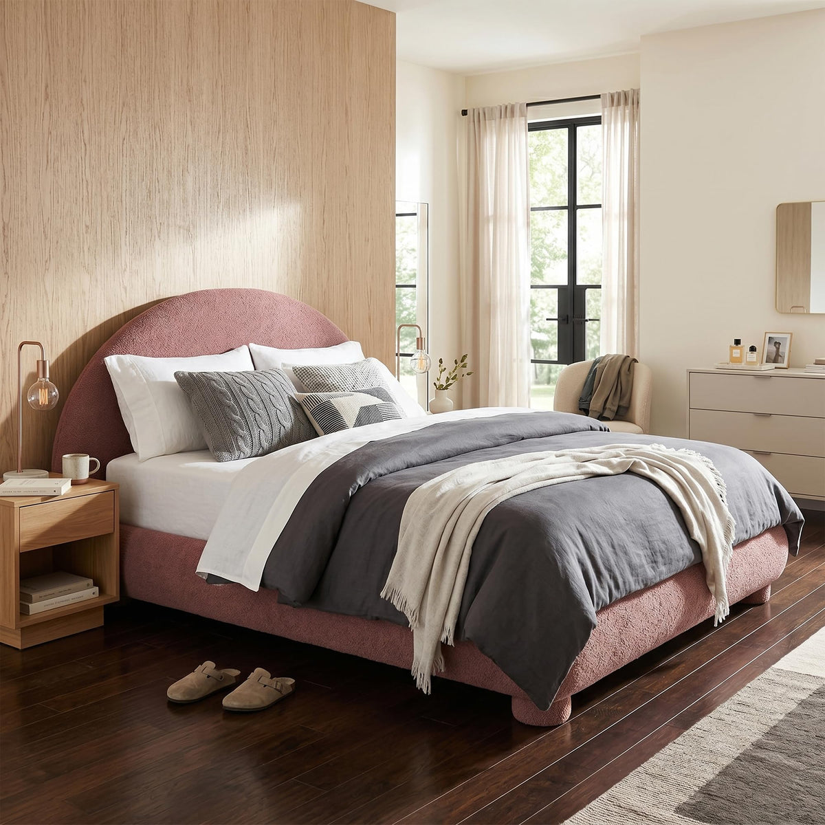 Merax Boucle Upholstered Platform Bed with Arched Headboard, Queen, Red