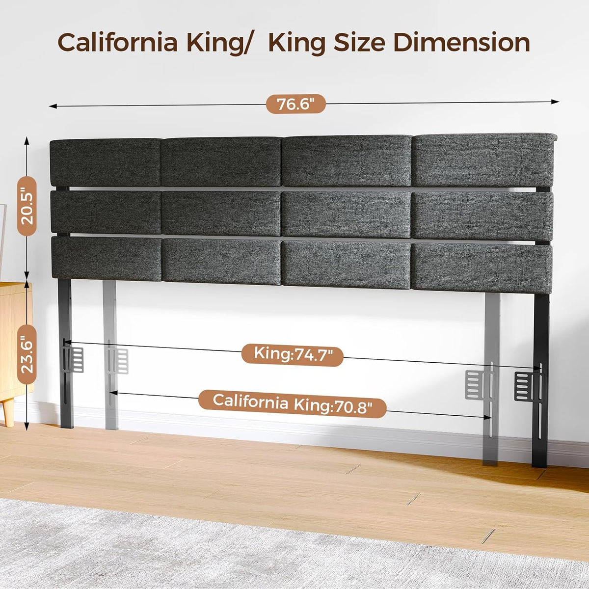 King/Cal King Size Headboard with Charging Station & Lights, Dark Grey