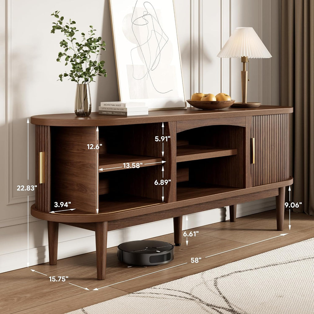Decofy Mid Century TV Stand for TVs up to 65 Inches, Entertainment Center with Storage, Power Outlet, Fluted Sliding Doors & Adjustable Shelves, Modern Media TV Console Table for Living Room (Walnut)