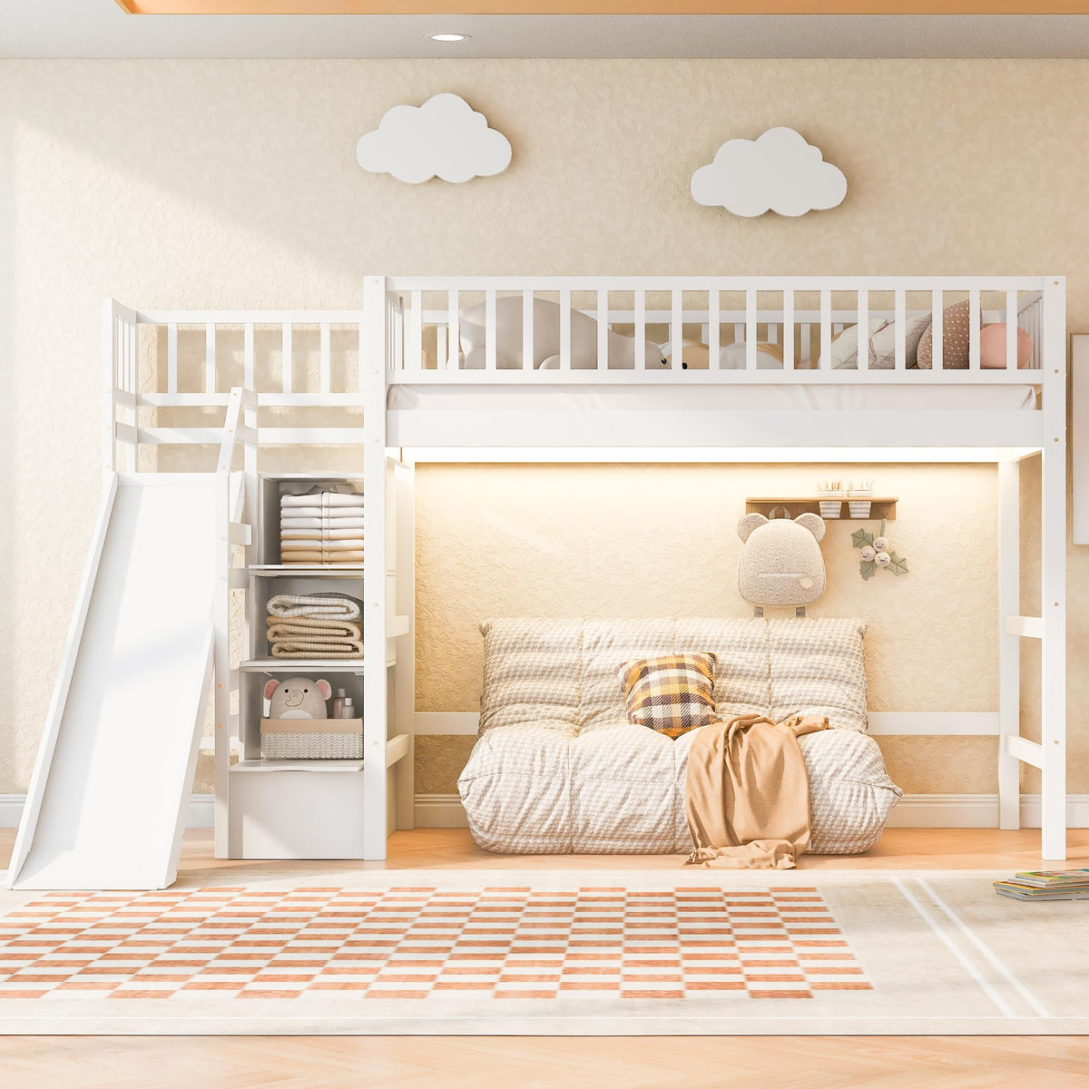 Merax Full Size Loft Bed with Storage Staircase, Slide & LED Light, Wooden Bunk Bed for Bedroom with Built-in Shelves, White