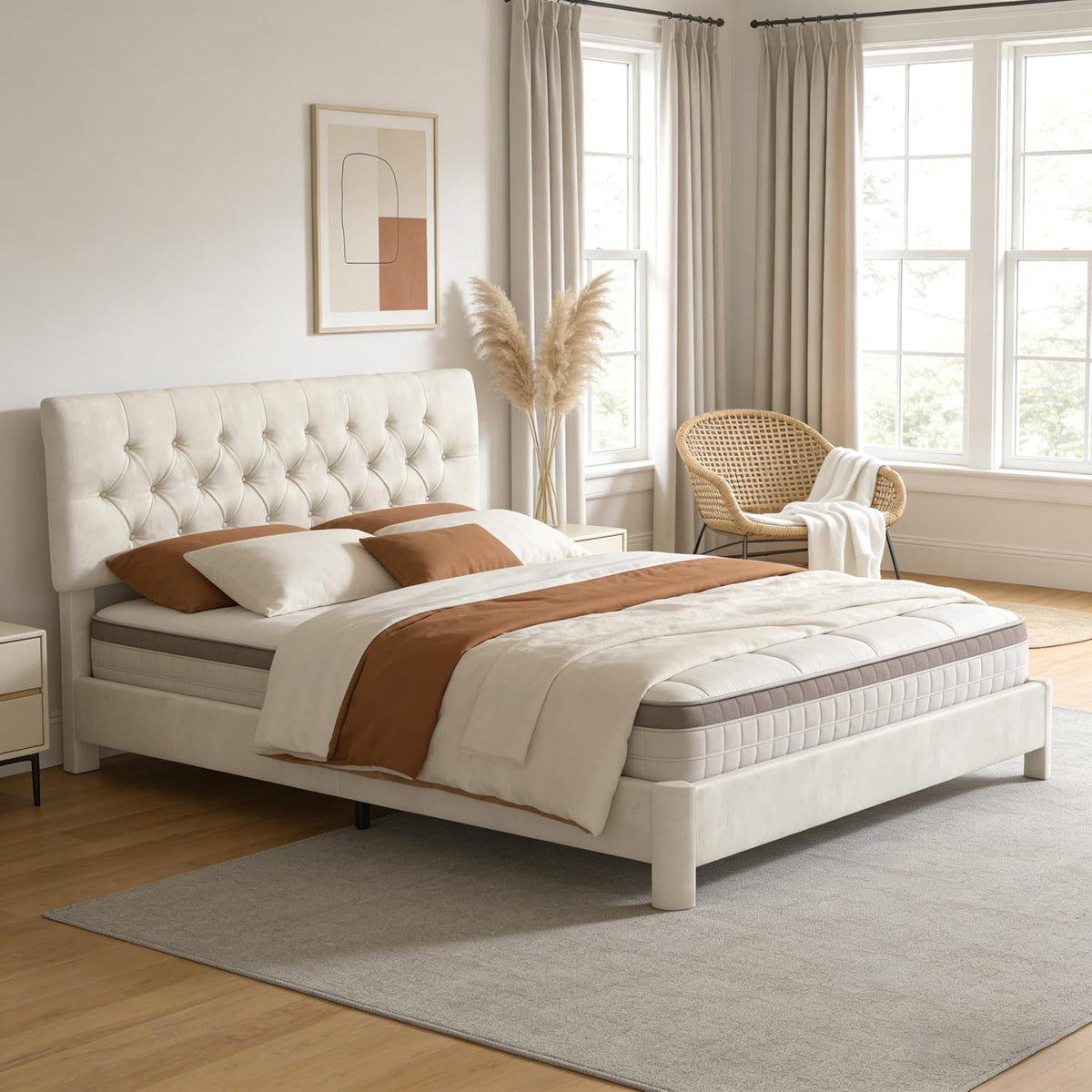 Queen Size Bed Frame with Headboard, Luxury Velvet Fabric Upholstered Bed frame with Button Tufted Design, Strong Wooden Slats Support - Low & Sturdy, Noise-Free, No Box Spring, Easy Assembly, Beige