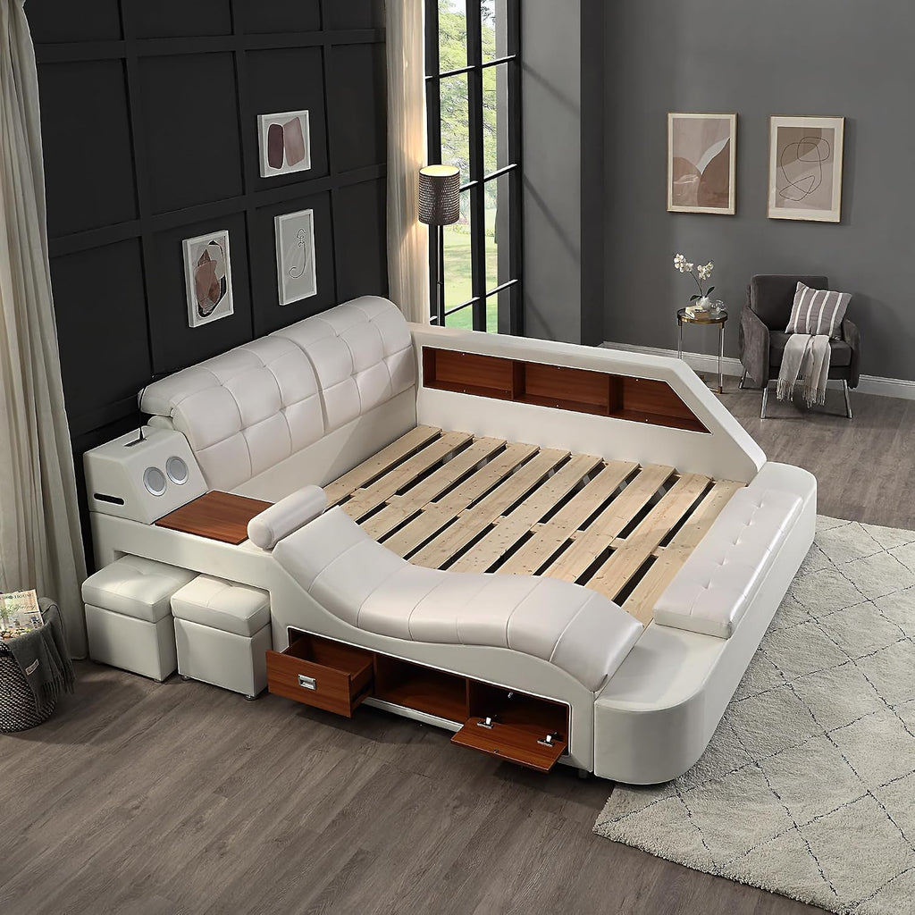 Multifunction Smart King Bed Frame, Luxury Upholstered Platform with Massage Recliner/Speaker/USB Port/Storage Drawers, Adjustable Leather Headboard, White
